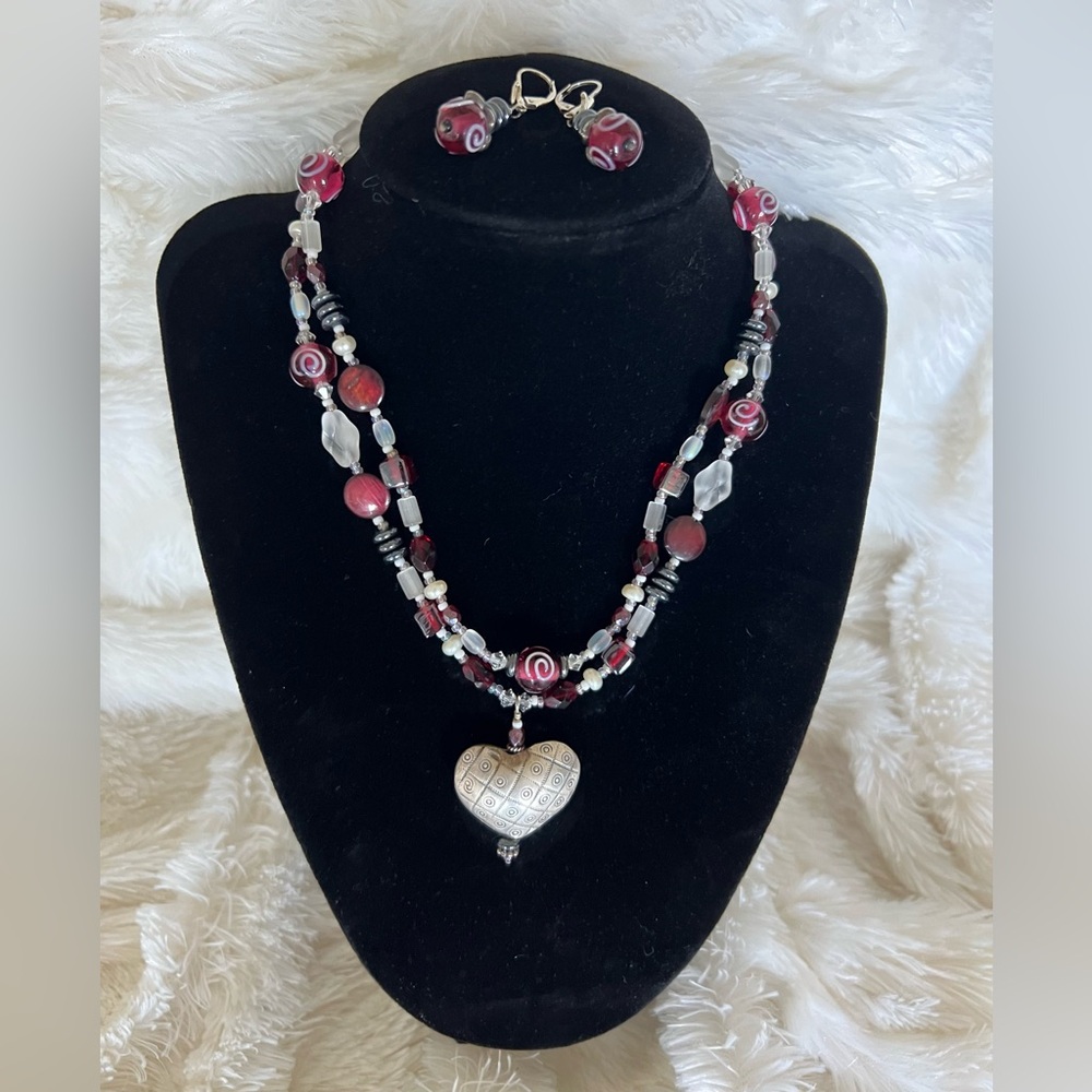 Handcrafted Glass Bead Heart Necklace & Sterling Silver Earrings Set